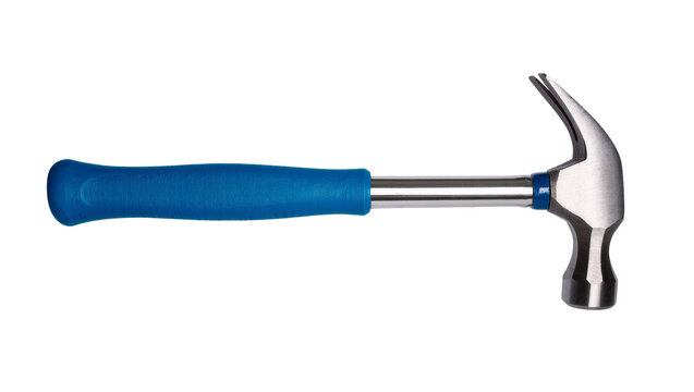 Isolated claw hammer with a vibrant blue ergonomic handle, essential construction and repair tool