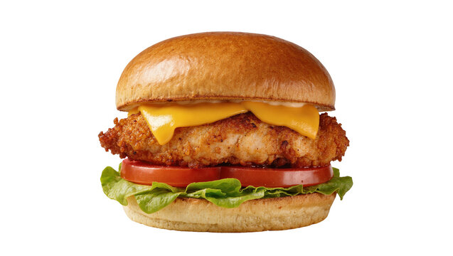 Isolated fried chicken sandwich with melted cheese, fresh tomato, and lettuce on a brioche bun