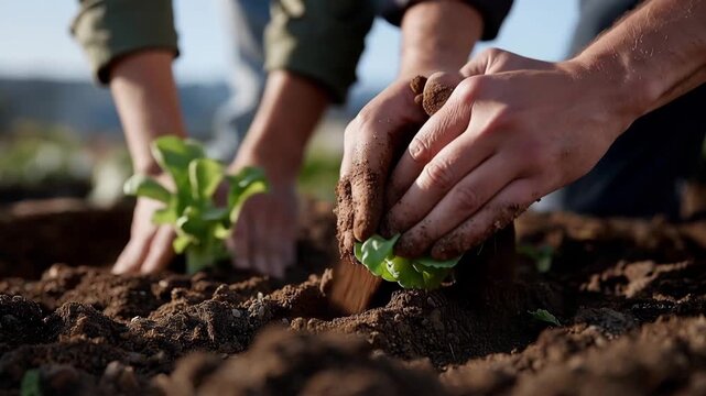 Community garden volunteers of different ages planting seedlings in spring soil with compost bins and rainwater collection system in collaborative outdoor space, ideal for urban gardening,