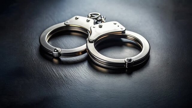 Close up of steel handcuffs on black background representing arrest and legal system concept