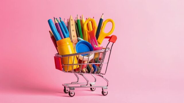 Shopping cart filled with colorful stationery items on pink background showing education supplies concept