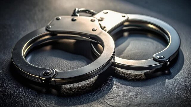 Metal handcuffs resting on dark surface symbolizing law enforcement and crime control