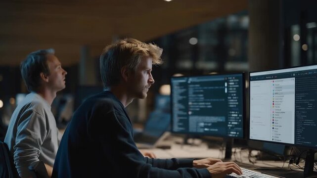 Content moderation team using advanced detection tools to identify synthetic media across social platforms, analysts reviewing flagged content on multiple screens in secure operations center, ideal