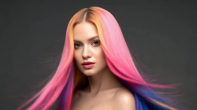 Side profile of woman with long multicolor gradient hair showing creative hairstyle and beauty styling