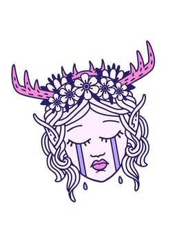 shaking motion animation of Retro Tattoo Style crying elf druid character face