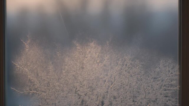 Intricate frost patterns on a window pane, glowing warm against a cold, blurry background