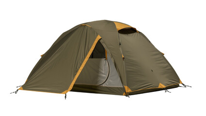 Isolated olive green camping tent with yellow accents, adventure gear for outdoor exploration © Hannah