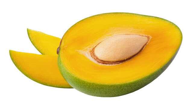 Isolated fresh ripe green mango half with pit and two vibrant juicy yellow slices