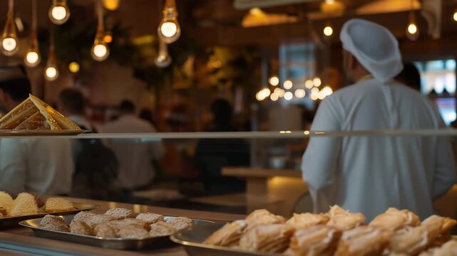 Egyptian bakery owner arranging fresh Eid pastries in decorative display case, traditional sweets dusted with powdered sugar, customers queuing at counter visible in mirror reflection, ideal for