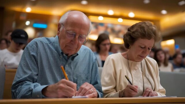 Elderly friends attending lecture series at university continuing education center, taking notes in crowded auditorium with younger students, ideal for lifelong learning intellectual growth senior