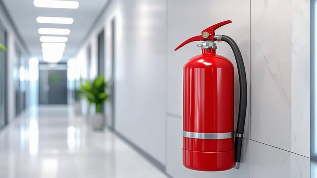 Fire extinguisher placed in bright modern hallway emphasizing workplace safety concept