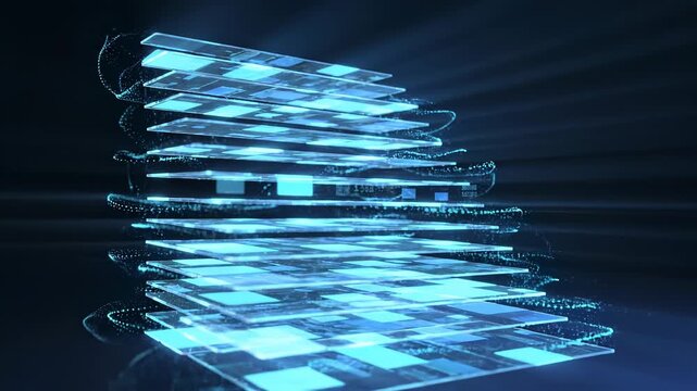 Futuristic glowing digital tiles shimmer in blue.