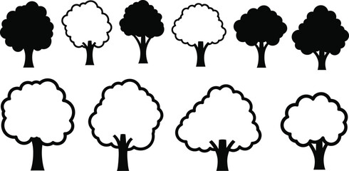 Collection of black and white stylized tree with rounded canopies and simple trunks silhouette symbol © Arifa