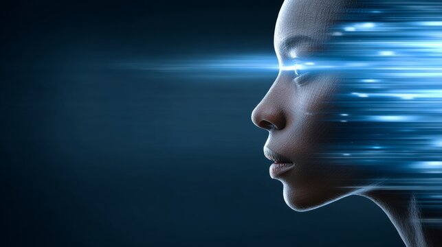 Side profile of a person with glowing blue digital streaks flowing across their face. The lighting highlights sharp facial features and conveys a futuristic, tech-enhanced vibe