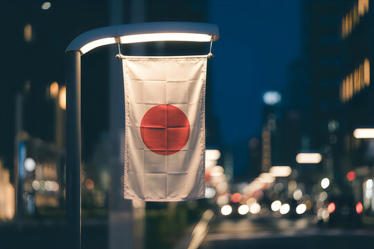 The national flag of japan hanging from a modern street lamp post on a city street at night time