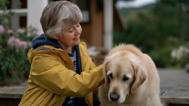 Elderly woman in rain-soaked garden teaching young neighbor how to prune heirloom roses while her senior golden retriever rests on weathered porch steps, ideal for intergenerational mentorship, pet