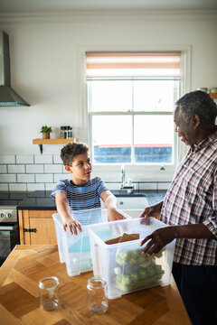 Older adult and child sorting recyclables in home kitchen