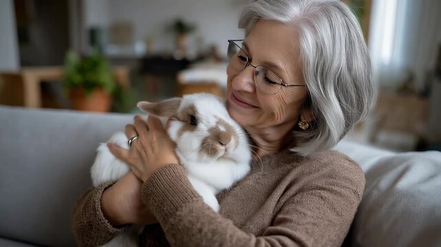 Elderly woman tends senior rescue rabbit in modest apartment creating enrichment activities while researching pet care online, ideal for animal companionship, responsible ownership keywords, and