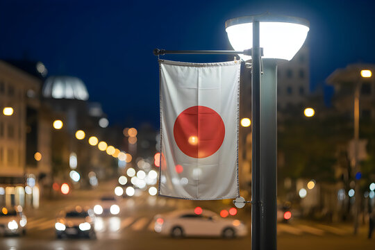 A japanese flag hanging on a street lamp post with a blurry city night background in the evening