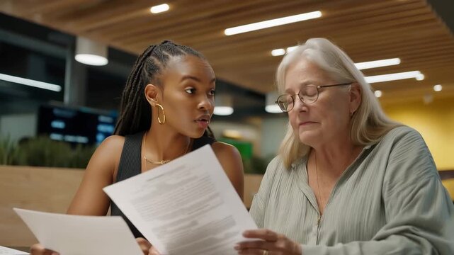 Female lawyer reviews handwritten documents with elderly immigrant woman at folding table in community center fluorescent lighting showing accessible justice, perfect for legal assistance pro bono