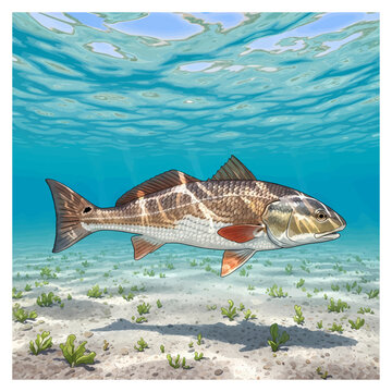 Redfish swimming underwater in shallow grassy flats illustration