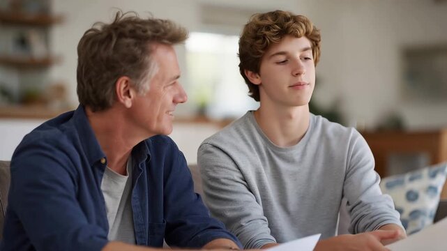 Father and adult son having serious conversation on couch at home with mental health resource pamphlet between them and supportive body language showing vulnerability, ideal for family support,