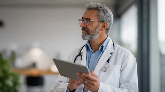 Filipino nurse practitioner conducting telehealth consultation with elderly patient on tablet while reviewing digital health records in bright clinic examination room, perfect for healthcare