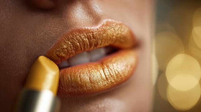 Application de rouge &agrave; l&egrave;vres dor&eacute; sur des l&egrave;vres avec reflets dor&eacute;s