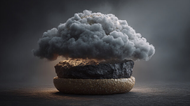 Dramatic hamburger with smoke stack explosion on top surreal scene