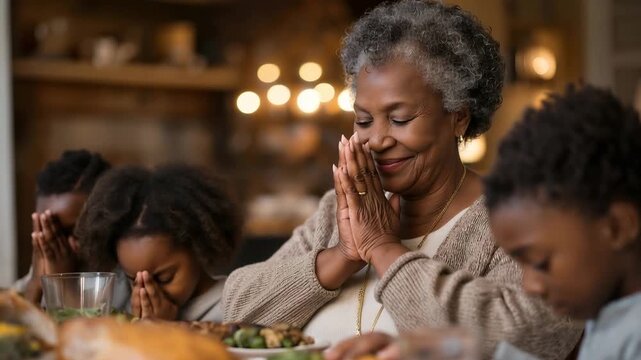 Four-generation African family gathering for Sunday dinner in warm dining room, great-grandmother blessing meal while children set table with traditional dishes, perfect for family bonds, cultural