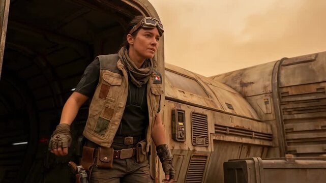 A determined individual emerges from a rugged structure, surveying an expansive, desolate landscape under a hazy atmosphere, their gaze fixed with unwavering resolve.