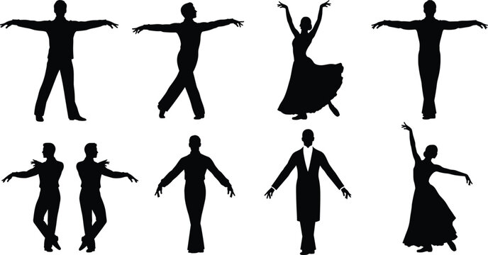 Silhouette illustration of dancers in elegant poses, cultural performance, artistic movement, expressive choreography, dance diversity, vector art concept