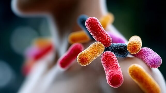 Colorful bacteria cluster on human skin surface. Microscopic view highlights diverse microbial life. Perfect for health, science, or hygiene-related content