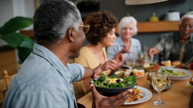 Group of retired friends share potluck dinner in modest apartment celebrating first iftar of Ramadan with traditional dishes and dates, perfect for interfaith community, cultural respect keywords,
