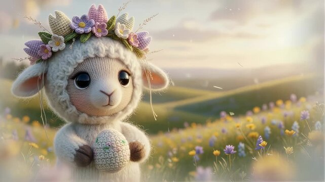 Cute knitted baby lamb with easter egg and spring flower crown in a beautiful meadow. Happy Easter holiday concept.