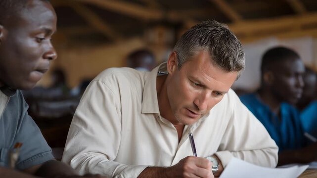International development volunteer reviews water quality test results with village committee members showing sustainable infrastructure planning and collaboration, perfect for clean water access