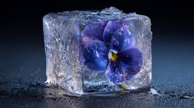 Frozen purple pansy flower encased in a melting ice cube on dark background