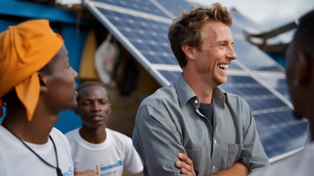 International volunteer demonstrates solar panel installation to community members in developing region showing renewable energy technology transfer and sustainable development, perfect for clean