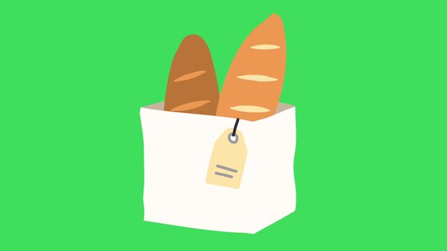 Fresh baguette bread in a paper bag with price tag, 2D animation on green screen