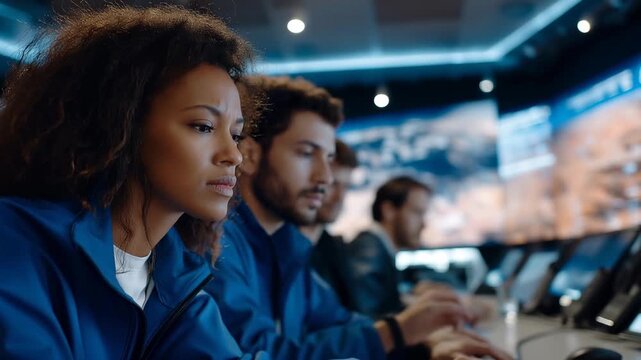 Mission control team analyzing real-time Mars rover telemetry on curved monitor wall, red planet terrain data streaming across screens, intense focused expressions under blue overhead lighting,