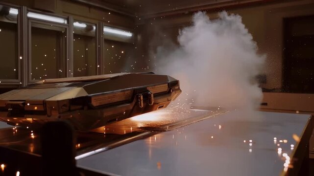 Micro-meteoroid impact simulation showing projectile penetrating spacecraft hull material sample, high-speed camera capturing penetration moment, lab environment with protective barriers, perfect