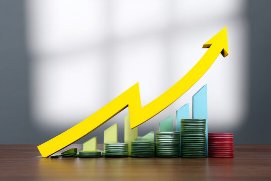 Gr&aacute;fico com seta amarela em crescimento sobre barras e moedas, simbolizando lucro, investimento, economia, neg&oacute;cios, desempenho financeiro e aumento de resultados.