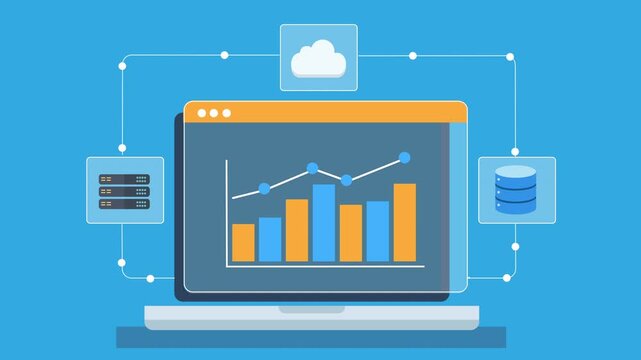 Flat animation of laptop displaying data analytics dashboard with charts and connected cloud, server, and database icons representing data processing and business insights.