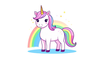 A cute white unicorn with a colorful rainbow mane and tail standing in front of a bright rainbow Vector © MDSUJON