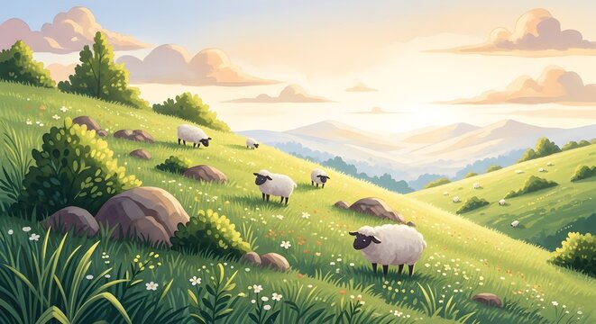 landscape with mountains and a herd of sheep