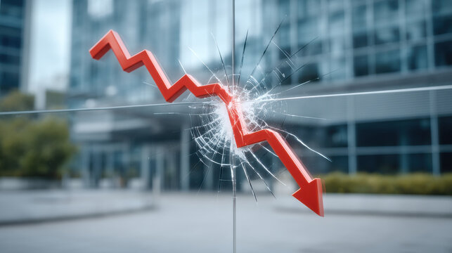 Red downward arrow chart breaking glass window conveying sudden market crash and financial decline with urban building backdrop