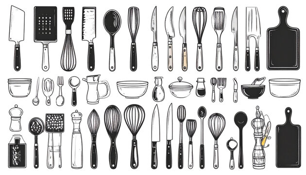 Collection of various kitchen utensils and culinary tools drawn in a detailed vintage sketch style Vector