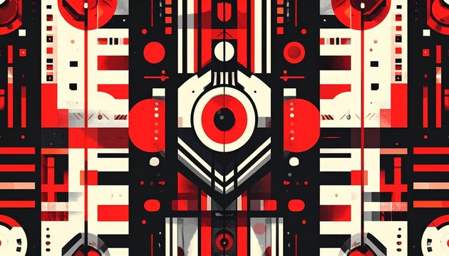Abstract geometric background with red white and black constructivist shapes featuring symmetrical mechanical patterns and artistic elements