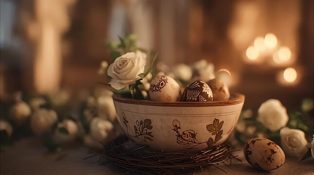 a rustic Easter setting featuring decorative eggs, some of which appear to be speckled or textured, arranged in a patterned ceramic bowl. 