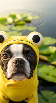 Close-up of dog with black and white fur wearing yellow frog costume, representing playful mood in natural surrounding, perfect for animal concepts